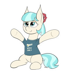 Size: 2011x2222 | Tagged: safe, artist:wapamario63, coco pommel, earth pony, pony, blu team, clothes, female, flat colors, lidded eyes, mare, open arms, shirt, simple background, sitting, solo, team fortress 2, transparent background