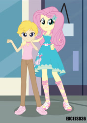 Size: 2480x3508 | Tagged: safe, artist:excelso36, fluttershy, oc, oc:cherish lynne, equestria girls, canon x oc, choker, clothes, commissioner:shortskirtsandexplosions, female, femboy, fingernails, makeup, male, size difference, straight