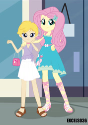 Size: 2480x3508 | Tagged: safe, alternate version, artist:excelso36, fluttershy, oc, oc:cherish lynne, equestria girls, canon x oc, choker, clothes, commissioner:shortskirtsandexplosions, crossdressing, female, femboy, girly, makeup, male, purse, size difference, skirt, straight