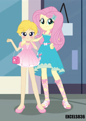 Size: 2480x3508 | Tagged: safe, alternate version, artist:excelso36, fluttershy, oc, oc:cherish lynne, equestria girls, blushing, canon x oc, choker, clothes, commissioner:shortskirtsandexplosions, crossdressing, female, femboy, girly, makeup, male, purse, sissy, size difference, skirt, straight