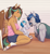 Size: 2316x2524 | Tagged: safe, artist:askbubblelee, oc, oc only, oc:bubble lee, oc:kiwi breeze, oc:silver lining, anthro, pegasus, unguligrade anthro, unicorn, anthro oc, baby, baby pony, blush lines, blushing, body freckles, clothes, crying, curved horn, dialogue, digital art, eyes closed, facial hair, family, father and child, father and daughter, female, filly, foal, freckles, grin, happy, heart, horn, kneeling, leg freckles, lying down, lying on the floor, male, mare, mother and child, mother and daughter, moustache, on floor, parent and child, parents and child, pegasus oc, prone, shorts, shoulder freckles, sitting, smiling, stallion, tears of joy, unicorn oc