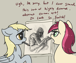 Size: 2868x2388 | Tagged: safe, artist:t72b, derpibooru import, derpy hooves, roseluck, earth pony, pegasus, pony, wendigo, drawing, duo, female, gollum, horse puns, looking at something, mare, mouth hold, pencil, pun, simple background, sketch, text