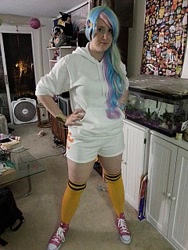 Size: 240x320 | Tagged: safe, derpibooru import, princess celestia, human, clothes, converse, cosplay, costume, hand on hip, irl, irl human, photo, picture for breezies, shoes, shorts, sneakers