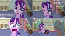 Size: 1280x720 | Tagged: safe, derpibooru import, edit, edited screencap, editor:quoterific, screencap, cozy glow, starlight glimmer, pegasus, pony, unicorn, marks for effort, season 8, female, filly, mare, open mouth, scared, school of friendship