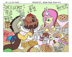 Size: 1280x1016 | Tagged: safe, artist:ksmaggie, derpibooru import, angel bunny, discord, fluttershy, angel riding fluttershy, bilingual, cake, chinese, cookie, donut, english, food, mochi, pancakes, pie, popcorn, trio, waffle