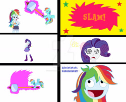 Size: 1024x833 | Tagged: safe, artist:scoutimusprime, derpibooru import, rainbow dash, rarity, equestria girls, abuse, raribuse