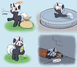 Size: 4000x3504 | Tagged: safe, artist:heretichesh, derpibooru import, oc, oc:s.leech, pony, unicorn, bag, blank flank, blanket, blushing, eating, eyes closed, female, filly, food, fountain, hat, homeless, ice cream, ice cream cone, licking, party hat, party horn, solo, swimming, teddy bear, tongue, tongue out