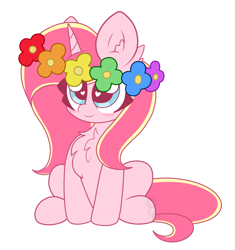 Size: 3175x3377 | Tagged: safe, artist:kittyrosie, derpibooru import, oc, oc:rosa flame, pony, unicorn, 2018, blushing, chest fluff, cute, ear fluff, ears, floral head wreath, flower, flower in hair, simple background, sitting, solo, white background