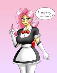 Size: 1400x1800 | Tagged: safe, artist:zachc, derpibooru import, fluttershy, equestria girls, big breasts, blushing, bowtie, breasts, clothes, dialogue, dress, evening gloves, female, fluttermaid, gloves, gradient background, hootershy, long gloves, maid, master, socks, solo, thigh highs