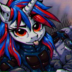 Size: 894x894 | Tagged: safe, artist:porcelain eyepiece, derpibooru import, oc, oc:snowi, pony, unicorn, fallout equestria, fallout equestria: project horizons, blue hair, clothes, eyelashes, fallout, fanfic art, female, horn, mane, mare, red and blue, red eyes, red hair, stabel-tec uniform, tongue, tongue out, uniform, white pony