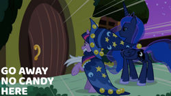 Size: 1280x720 | Tagged: safe, derpibooru import, edit, edited screencap, editor:quoterific, screencap, princess luna, twilight sparkle, unicorn twilight, alicorn, pony, unicorn, luna eclipsed, season 2, crown, female, fluttershy's cottage, implied fluttershy, jewelry, mare, night, regalia