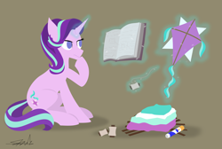 Size: 4335x2914 | Tagged: safe, artist:samsailz, derpibooru import, starlight glimmer, pony, unicorn, book, canon, clothes, confused, glue, hooves on face, kite, levitation, lineless, magic, reading, sitting, solo, sticks, telekinesis, thinking, thread