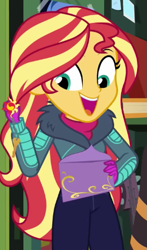 Size: 295x501 | Tagged: safe, derpibooru import, screencap, sunset shimmer, better together, equestria girls, holidays unwrapped, cropped, solo, winter break-in