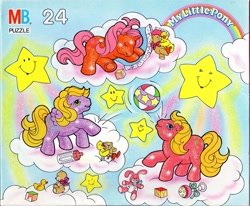 Size: 1509x1243 | Tagged: safe, derpibooru import, photographer:absol, bird, duck, earth pony, pegasus, pony, unicorn, g1, baby, baby bottle, baby pony, baby sparkle firefly, baby sparkle north star, baby sparkle starflower, baby starflower, ball, blocks, cloud, female, my little pony logo, official, puzzle, stars, stuffed animals, toy, trio, trio female, walking on clouds