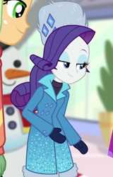 Size: 330x515 | Tagged: safe, derpibooru import, screencap, applejack, rarity, better together, equestria girls, holidays unwrapped, cropped, winter break-in