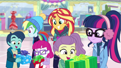 Size: 1920x1072 | Tagged: safe, derpibooru import, screencap, lily pad (equestria girls), rainbow dash, sci-twi, sunset shimmer, twilight sparkle, better together, equestria girls, holidays unwrapped, winter break-in