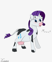 Size: 1048x1248 | Tagged: safe, artist:furnaise, derpibooru import, rarity, cow, pony, unicorn, blushing, cowified, female, mare, moo, open mouth, raricow, simple background, solo, species swap, transformation, udder, white background