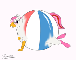 Size: 1148x900 | Tagged: safe, artist:furnaise, derpibooru import, oc, oc:foxxy hooves, hippogriff, ball, beach ball, blushing, female, fetish, hippogriff oc, inanimate tf, inflatable, inflatable fetish, inflatable toy, smiling, solo, transformation