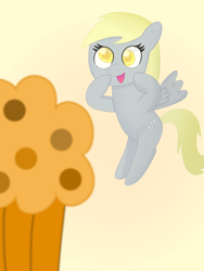 Size: 1500x2000 | Tagged: safe, artist:limitmj, derpibooru import, derpy hooves, pegasus, pony, atg 2021, digital art, female, flying, food, giant muffin, happy, hooves on cheeks, mare, muffin, newbie artist training grounds, open mouth, open smile, simple background, smiling, solo, that pony sure does love muffins, yellow background