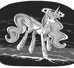 Size: 6224x5769 | Tagged: safe, artist:jowyb, derpibooru import, twilight sparkle, twilight sparkle (alicorn), alicorn, pony, fanfic:the immortal game, armor, commission, fanfic art, female, glare, grayscale, halo, mare, monochrome, on one hoof, solo, ultimate twilight