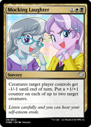 Size: 375x523 | Tagged: safe, artist:uotapo, derpibooru import, edit, diamond tiara, silver spoon, equestria girls, bracelet, ccg, ear piercing, earring, glasses, jewelry, laughingmares.jpg, magic the gathering, necklace, noblewoman's laugh, piercing, trading card, trading card edit