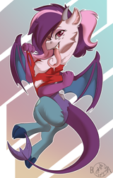 Size: 2112x3303 | Tagged: safe, artist:beardie, derpibooru import, oc, oc only, oc:mirage, draconequus, clothes, draconequus oc, drool, long tongue, one eye closed, open mouth, polo shirt, ripping clothes, tongue, tongue out, transformation, wink