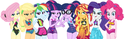 Size: 1024x325 | Tagged: safe, artist:emeraldblast63, derpibooru import, applejack, fluttershy, pinkie pie, rainbow dash, rarity, sci-twi, sunset shimmer, twilight sparkle, equestria girls, belly button, clothes, eyeshadow, humane five, humane seven, humane six, lidded eyes, makeup, mane six, one-piece swimsuit, sarong, simple background, smiling, swimming trunks, swimsuit, transparent background, twolight