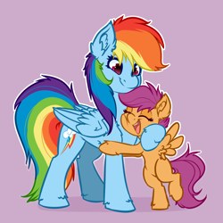 Size: 4000x4000 | Tagged: safe, artist:witchtaunter, derpibooru import, rainbow dash, scootaloo, pegasus, pony, chest fluff, commission, cute, ear fluff, ears, eyes closed, hug, open mouth, open smile, scootalove, simple background, smiling