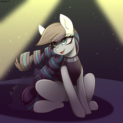 Size: 2200x2200 | Tagged: safe, artist:chickenbrony, derpibooru import, coloratura, earth pony, pony, clothes, eye clipping through hair, female, mare, open mouth, open smile, sitting, smiling, solo