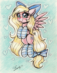 Size: 2568x3256 | Tagged: safe, artist:dandy, derpibooru import, oc, oc only, oc:bay breeze, pegasus, pony, blushing, bow, clothes, colored pencil drawing, cute, female, flying, hair bow, heart, high res, mare, ocbetes, signature, simple background, socks, solo, striped socks, tail bow, tongue, tongue out, traditional art, wingding eyes, wings