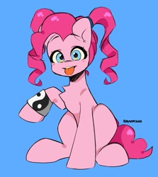 Size: 1178x1318 | Tagged: safe, artist:cottonsweets, derpibooru import, pinkie pie, earth pony, pony, :p, alternate hairstyle, blue background, female, mare, pigtails, simple background, sitting, solo, tongue, tongue out, wristband, yin-yang