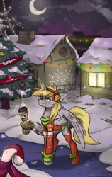 Size: 1956x3100 | Tagged: safe, artist:lonerdemiurge, artist:lonerdemiurge_nail, derpibooru import, derpy hooves, alicorn, alicornified, candy, candy cane, christmas, christmas lights, christmas sweater, christmas tree, clothes, coffee cup, crescent moon, cup, derpicorn, earmuffs, food, holiday, levitation, magic, moon, muffin, night, race swap, snow, solo, sweater, telekinesis, tree, winter