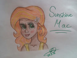 Size: 939x705 | Tagged: safe, artist:sunsetsparkle129, derpibooru import, oc, oc only, oc:sunshine mac, human, blushing, bust, female, flower, humanized, humanized oc, offspring, parent:big macintosh, parent:fluttershy, parents:fluttermac, traditional art