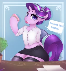 Size: 1692x1809 | Tagged: safe, artist:darkmaxxie, derpibooru import, starlight glimmer, semi-anthro, unicorn, belly button, clothes, desk, dialogue, donut, dress shirt, food, midriff, panties, paper, skirt, stockings, thigh highs, thong, underwear, zettai ryouiki