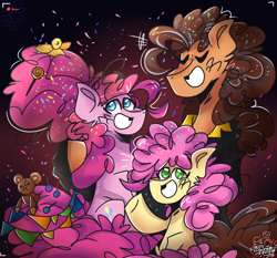 Size: 3000x2800 | Tagged: safe, artist:its_sunsetdraws, derpibooru import, cheese sandwich, li'l cheese, pinkie pie, earth pony, pony, the last problem, abstract background, camera shot, candy, candy in hair, cheek fluff, cheesepie, clothes, confetti, cutie mark, digital art, family, family photo, female, food, lollipop, looking at you, male, poofy mane, rubber duck, shipping, sitting, smiling, smiling at you, straight, streamers, teddy bear, vest