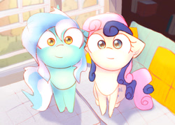 Size: 2800x2000 | Tagged: safe, artist:papersurgery, derpibooru import, bon bon, lyra heartstrings, sweetie drops, earth pony, pony, unicorn, duo, duo female, female, mare, sitting, smiling