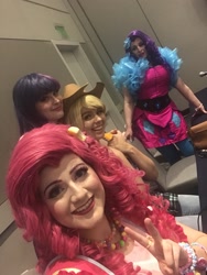 Size: 1538x2048 | Tagged: safe, artist:maddymoiselle, artist:mieucosplay, artist:sarahndipity cosplay, artist:shelbeanie, derpibooru import, applejack, pinkie pie, rarity, twilight sparkle, human, babscon, babscon 2018, clothes, cosplay, costume, cowboy hat, hat, irl, irl human, peace sign, photo