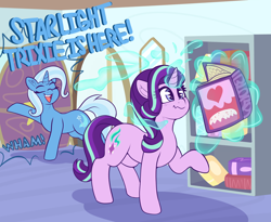 Size: 4250x3486 | Tagged: safe, artist:graphenescloset, derpibooru import, starlight glimmer, trixie, pony, unicorn, series:starlight and trixie magic gain drive, book, dialogue, duo, eyes closed, female, imminent weight gain, incentive drive, inconvenient trixie, magic, mare, open mouth, telekinesis, this will end in weight gain