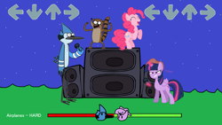 Size: 1536x864 | Tagged: safe, artist:logan jones, derpibooru import, pinkie pie, twilight sparkle, twilight sparkle (alicorn), alicorn, arrow, backwards ballcap, baseball cap, cap, crossover, crossover shipping, friday night funkin', hat, meme, microphone, mordecai, mordetwi, redraw mordetwi meme, regular show, rigby, speakers, vector used