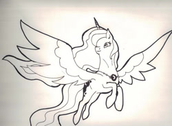 Size: 768x563 | Tagged: safe, artist:joan-grace, derpibooru import, princess luna, alicorn, pony, female, flying, horn, inktober, inktober 2015, jewelry, mare, necklace, solo, spread wings, traditional art, wings