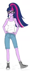 Size: 614x1434 | Tagged: safe, artist:stellarwools, derpibooru import, sci-twi, twilight sparkle, equestria girls, clothes, converse, female, glasses, looking at you, midriff, ponytail, shoes, shorts, simple background, sneakers, solo, white background