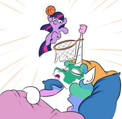 Size: 857x828 | Tagged: safe, artist:jargon scott, princess celestia, twilight sparkle, unicorn twilight, alicorn, pony, unicorn, basketball, basketball hoop, bed, drool, female, filly, filly twilight sparkle, hat, horn, horn guard, mare, mud mask, nightcap, open mouth, simple background, sleeping, sports, this will end in pain, this will end in tears, twiggie, white background, younger