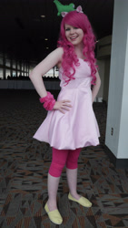 Size: 2592x4608 | Tagged: safe, derpibooru import, gummy, pinkie pie, human, bronycon, bronycon 2014, clothes, cosplay, costume, hand on hip, irl, irl human, photo, plushie