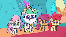 Size: 1920x1080 | Tagged: safe, derpibooru import, screencap, apple bloom, princess celestia, scootaloo, sweetie belle, alicorn, earth pony, pegasus, pony, unicorn, dol-fin-ale, my little pony: pony life, adorabloom, cute, cutealoo, cutelestia, cutie mark crusaders, diasweetes