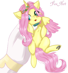 Size: 671x718 | Tagged: safe, alternate version, artist:mr_fox_laziness, derpibooru import, fluttershy, princess celestia, oc, oc:princess fluttershy, alicorn, anthro, pony, alicorn oc, alternate hairstyle, alternate universe, commission, cute, doll, hand, horn, jewelry, princess fluttershy, shyabetes, story included, tiara, tongue, tongue out, toy, two toned wings, wings, ych result