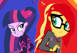 Size: 5096x3520 | Tagged: safe, derpibooru import, sunset shimmer, twilight sparkle, human, equestria girls, friendship games, alternate universe, humanized, needs more pixels, student, versus screen