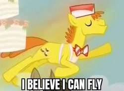 Size: 599x439 | Tagged: safe, derpibooru import, edit, edited screencap, screencap, carrot cake, pony, season 5, slice of life (episode), bowtie, cropped, eyes closed, falling with style, i believe i can fly, majestic as fuck, male, meme, r. kelly, song reference