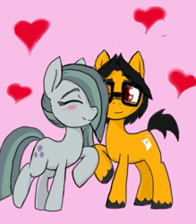 Size: 673x767 | Tagged: safe, artist:a.s.e, derpibooru import, marble pie, oc, oc:a.s.e, earth pony, pony, canon x oc, couple, female, glasses, happy, heart, love, male, shipping, together