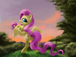 Size: 3000x2250 | Tagged: safe, artist:flusanix, derpibooru import, fluttershy, pegasus, pony, bipedal, cute, daaaaaaaaaaaw, dock, female, looking back, mare, shyabetes, smiling, solo, spread wings, wings