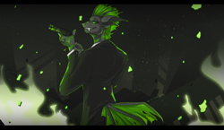 Size: 3000x1738 | Tagged: artist needed, safe, derpibooru import, oc, oc only, oc:villainshima, anthro, changeling, hybrid, insect, anthro oc, chitin, clothes, fangs, fire, green changeling, green fire, gun, high res, solo, suit, teeth, tuxedo, weapon